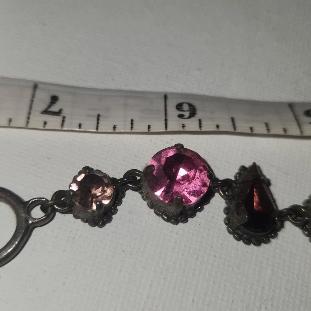 Vintage Style Pink purple Rhinestone Toggle Link Bracelet‎ Antiqued Silver Tone